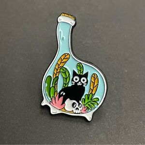 Whimsical Black Cat and Skull Inside A Bottle Metal Enamel Pin $5 Bundled